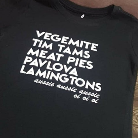 Australia Day Tshirt - 'vegemite, tim tams, meat pies, pavlovas and lamingtons'